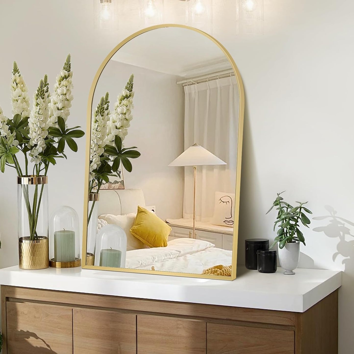 24" x 32" Gold Arched Mirror, Arch Wall Mirror, Metal Frame Black Bathroom Mirror, Arched Top Bathroom Vanity Mirror for Living Room, Bedroom, Entryway, Tempered Glass, Shatter Proof