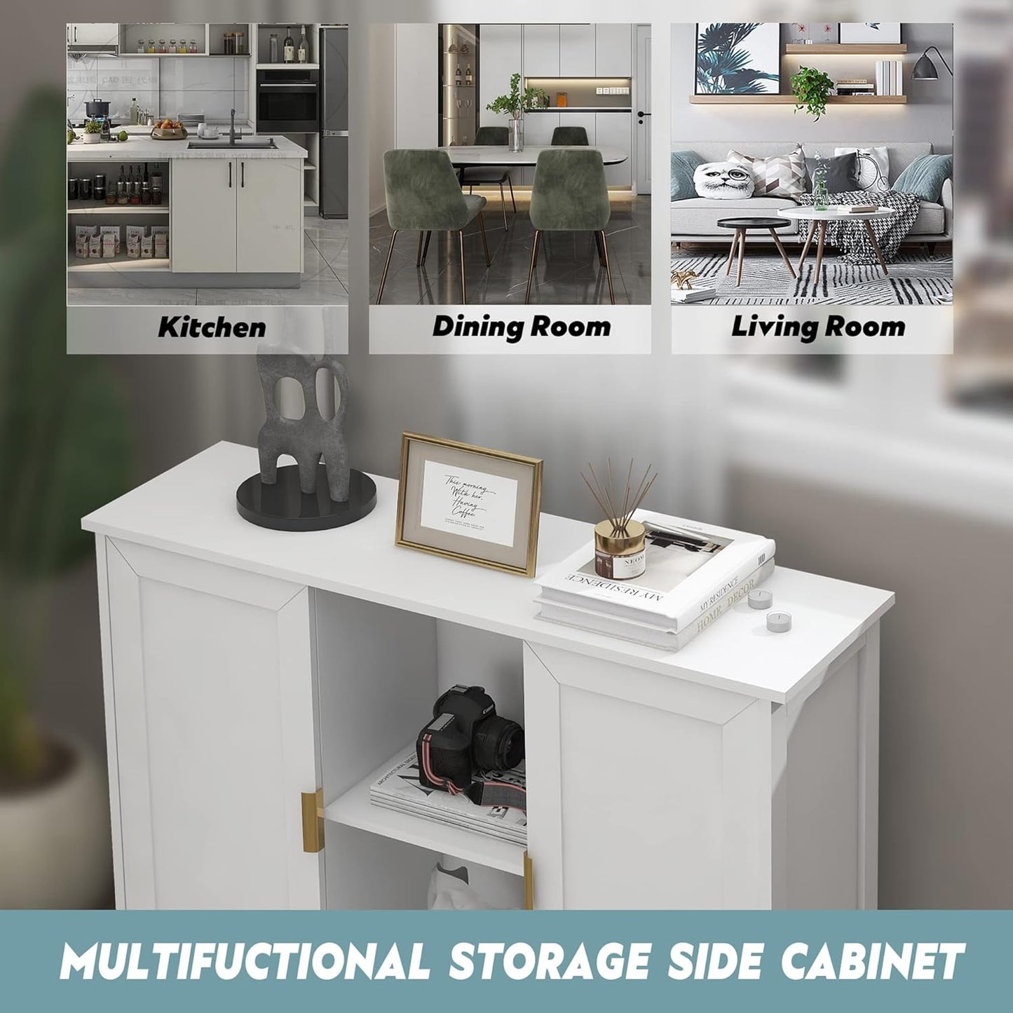 TaoHFE White Buffet Cabinet with Storage,Wooden Narrow Sideboard Entryway Cabinets,Modern White Cabinet with Doors Credenza