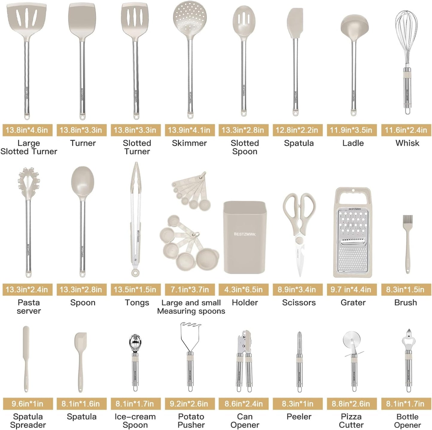 Kitchen Utensil Set-Silicone Cooking Utensils-33 Kitchen Gadgets & Spoons for Nonstick Cookware-Silicone and Stainless Steel Spatula Set-Best Kitchen Tools, Useful Pots (Khaki)