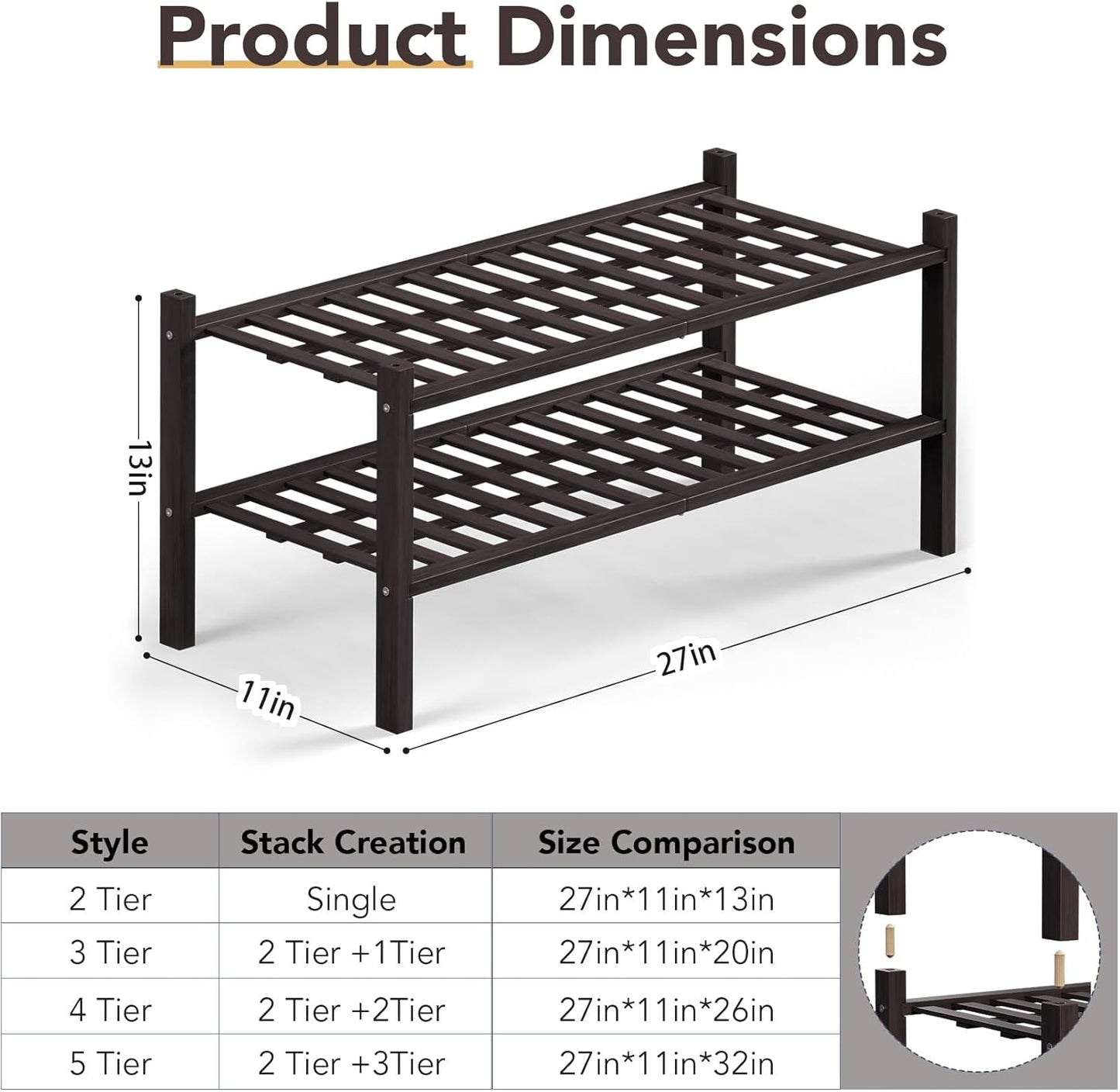 Haddockway 2 Tier Bamboo Shoe Rack Storage Organizer, Multifunctional Free Standing Stackable Shoe Shelf with Grid Panel for Closet,Hallway,Entryway,Small Space 27"x11"x13"(Brown, 2 Tier)