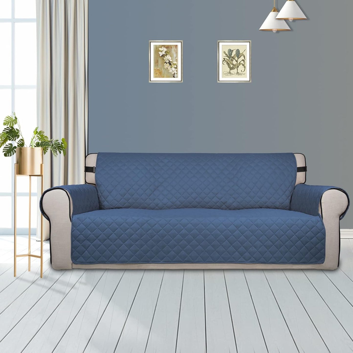 PureFit Reversible Sofa Couch Cover Water Resistant Couch Covers for 3 Cushion, Washable Furniture Cover with Non-Slip Foam and Adjustable Strap for Dogs, Pets (Sofa, Dark Blue/Light Blue)