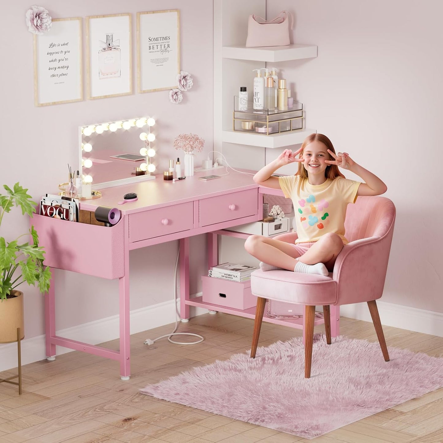 DLisiting Pink Reversible L Shaped Desk with Drawers and Shelves, Small Kids Study Vanity PC Computer Desk with Storage for Girls, Corner L-Shaped Desks for Small Space Bedroom