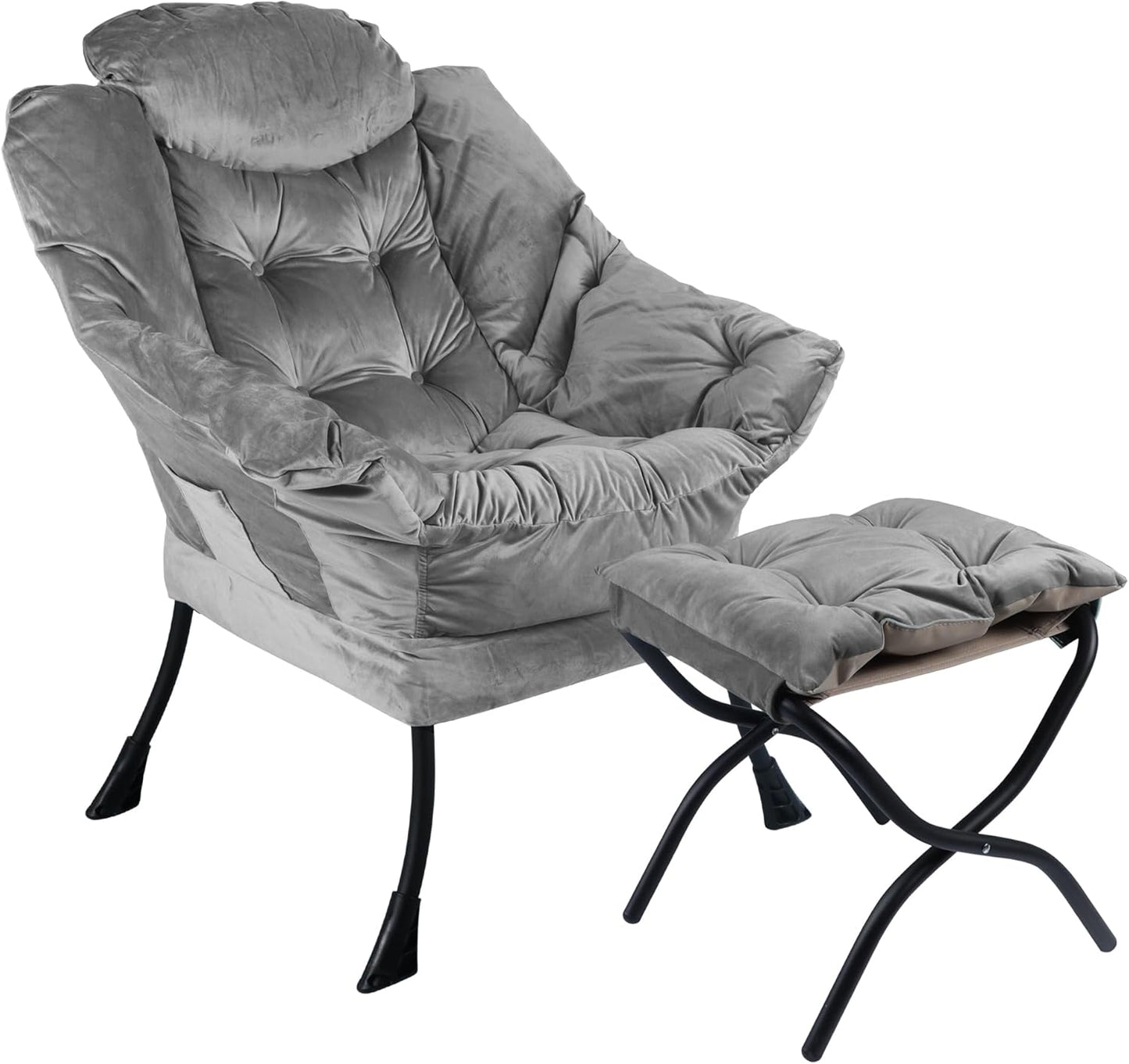 Lazy Chair with Folding Ottoman,Living Room Chairs, Accent Contemporary Lounge Chair, Single Steel Frame Leisure Sofa Chair with Armrests and A Side Pocket (DL22GRAY)