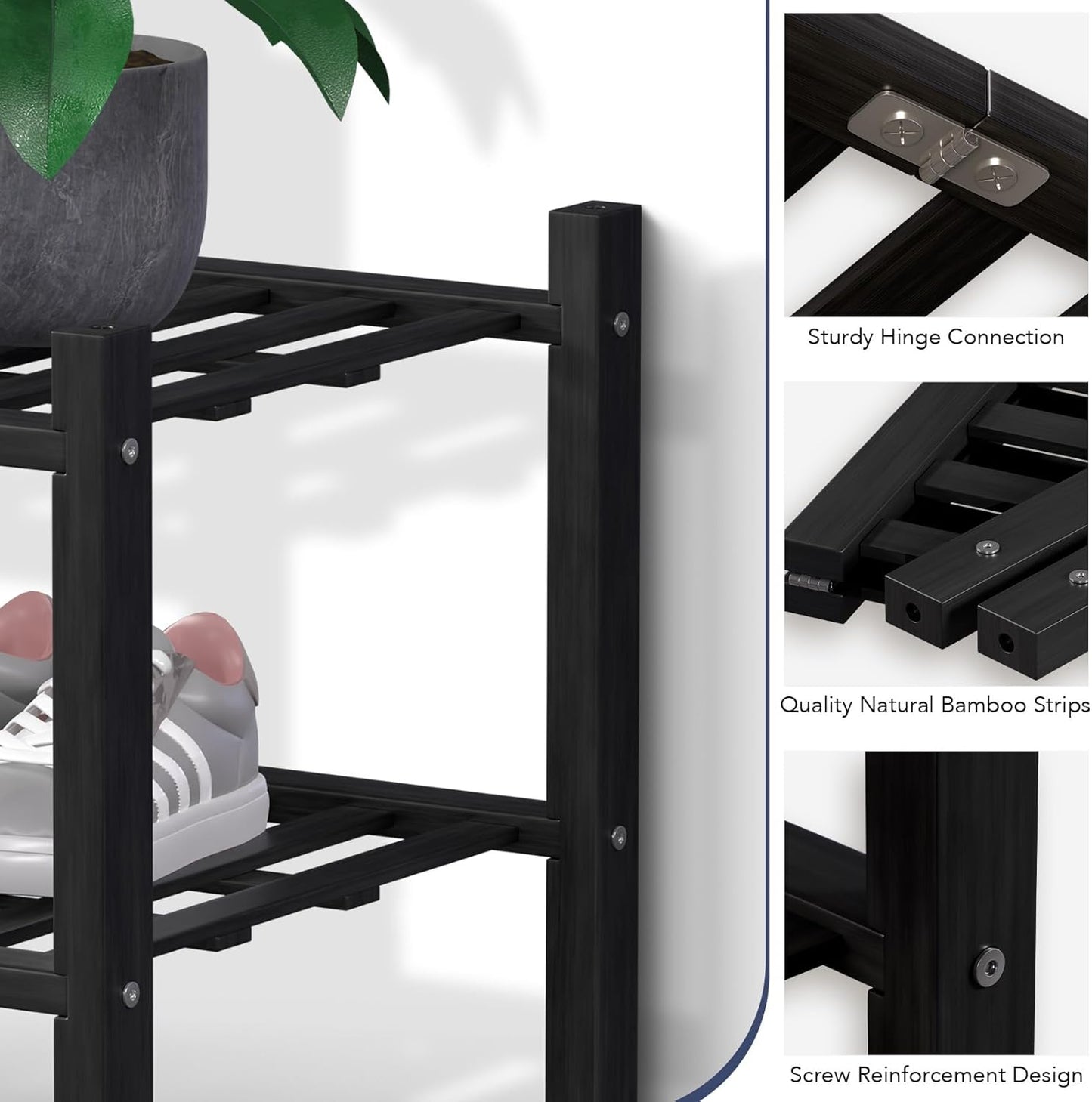 Haddockway 4 Tier Bamboo Shoe Rack Storage Organizer, Multifunctional Free Standing Stackable Shoe Shelf with Grid Panel for Closet,Hallway,Entryway,Small Space 27"x11"x26" (Black, 4 Tier)