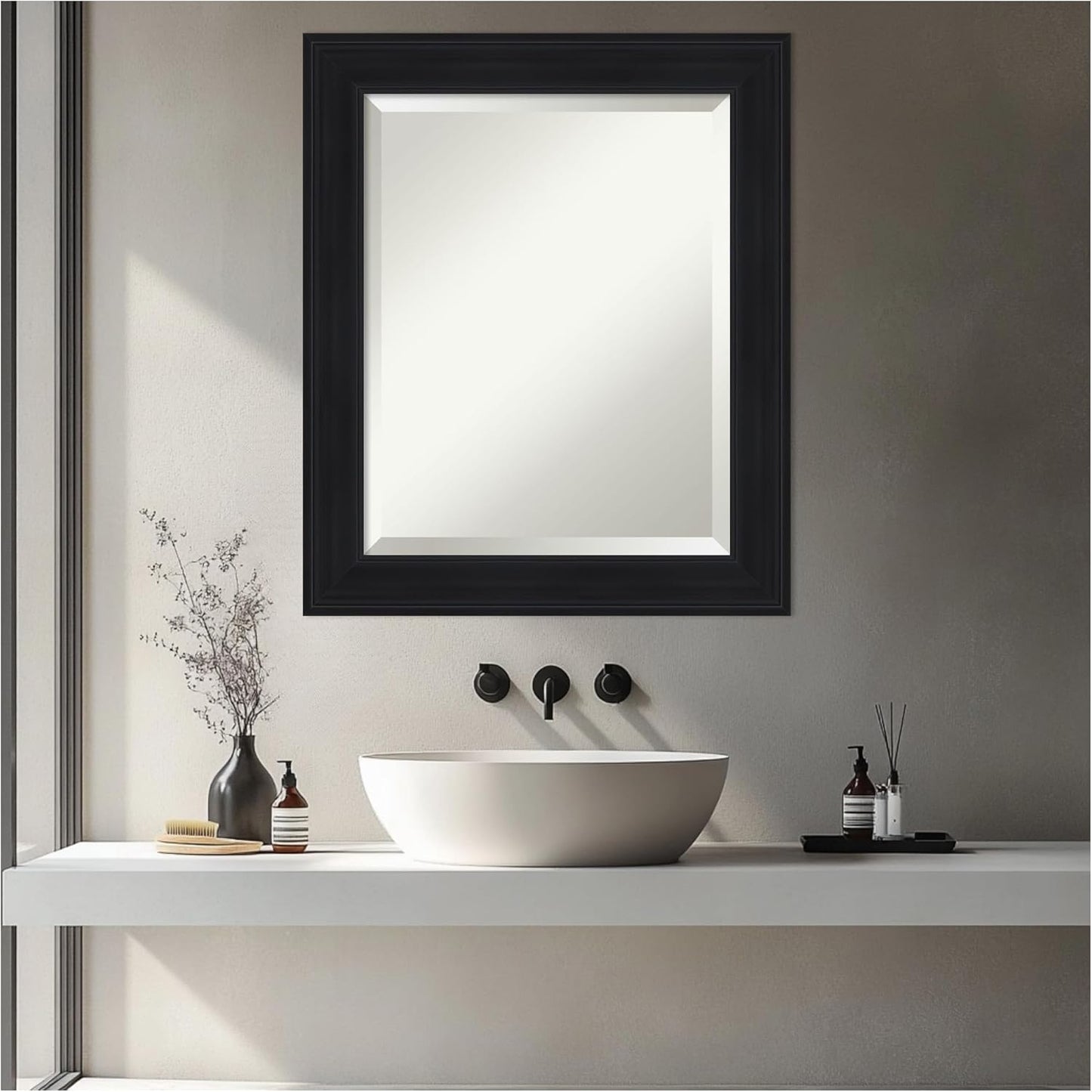 Amanti Art Black Bathroom Mirror for Over Sink, 25x21 Abbey Black Rectangle Vanity Mirror, Small Traditional Frame, Hangs Horizonally and Vertically, Bathroom Wall Decor, Beveled Edge