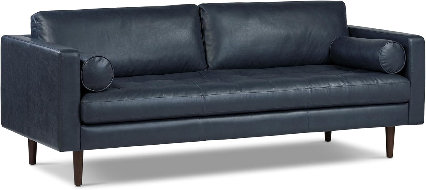 Poly & Bark Napa Leather Couch - 88.5-Inch Office Sofa with 2 Bolsters - Full-Grain Leather Sofa for Living Room with Feather-Down Topper - Living Room Couch - Vintage Italian Leather in Midnight Blue