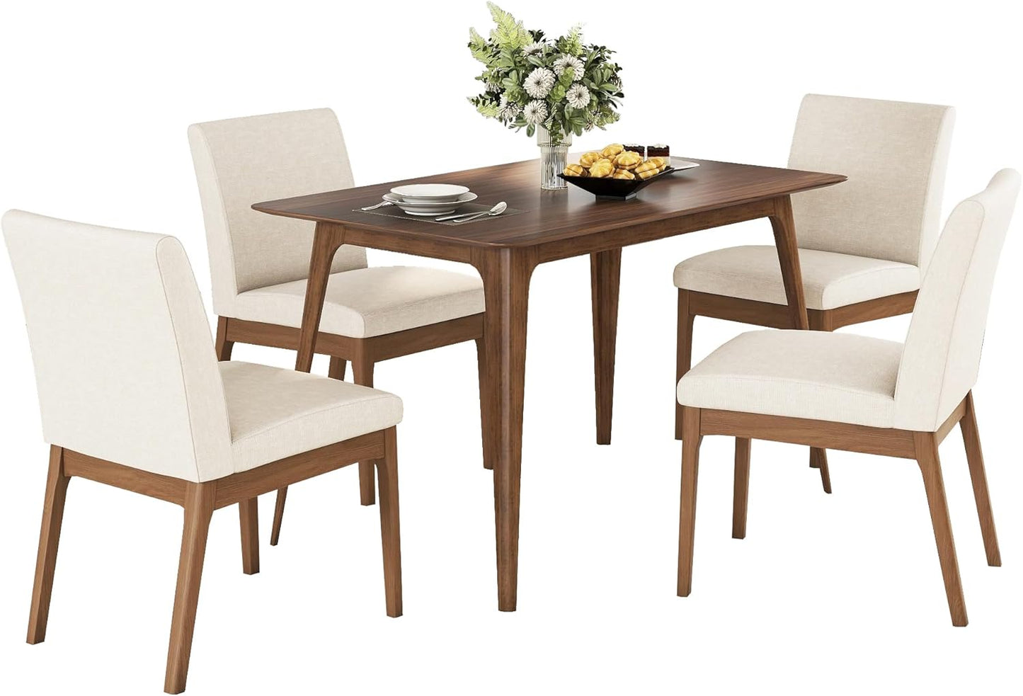 Dining Table Set for 4, Solid Rubberwood Upholstered Chairs, Mid-Century Modern Kitchen Furniture for Home, Dining/Living Room, Walnut+Beige