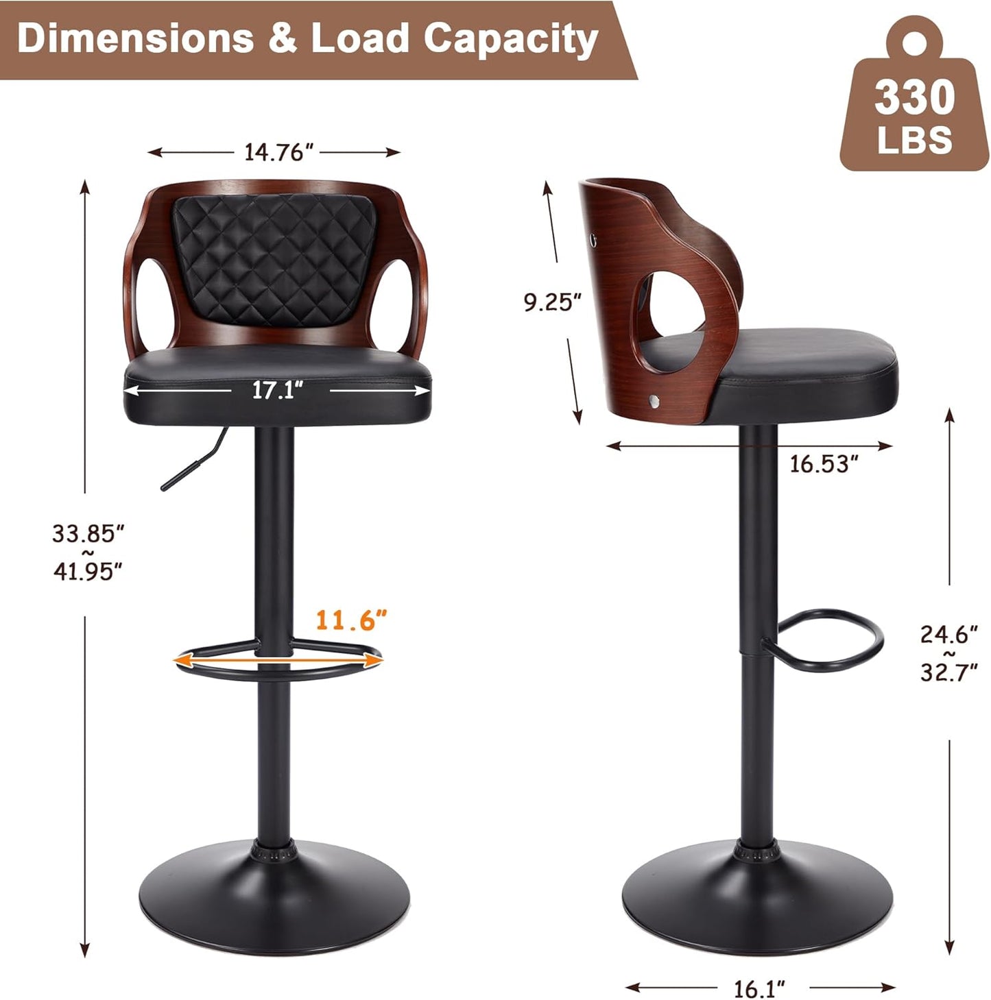 VECELO Bar Stools Set of 2,Adjustable Counter Height Stools with Bentwood Back,Armrest&Footrest,Swivel PU Leather Bar Chairs for Kitchen Island,Coffee Shop and Salon,Black,Quilted Elegance