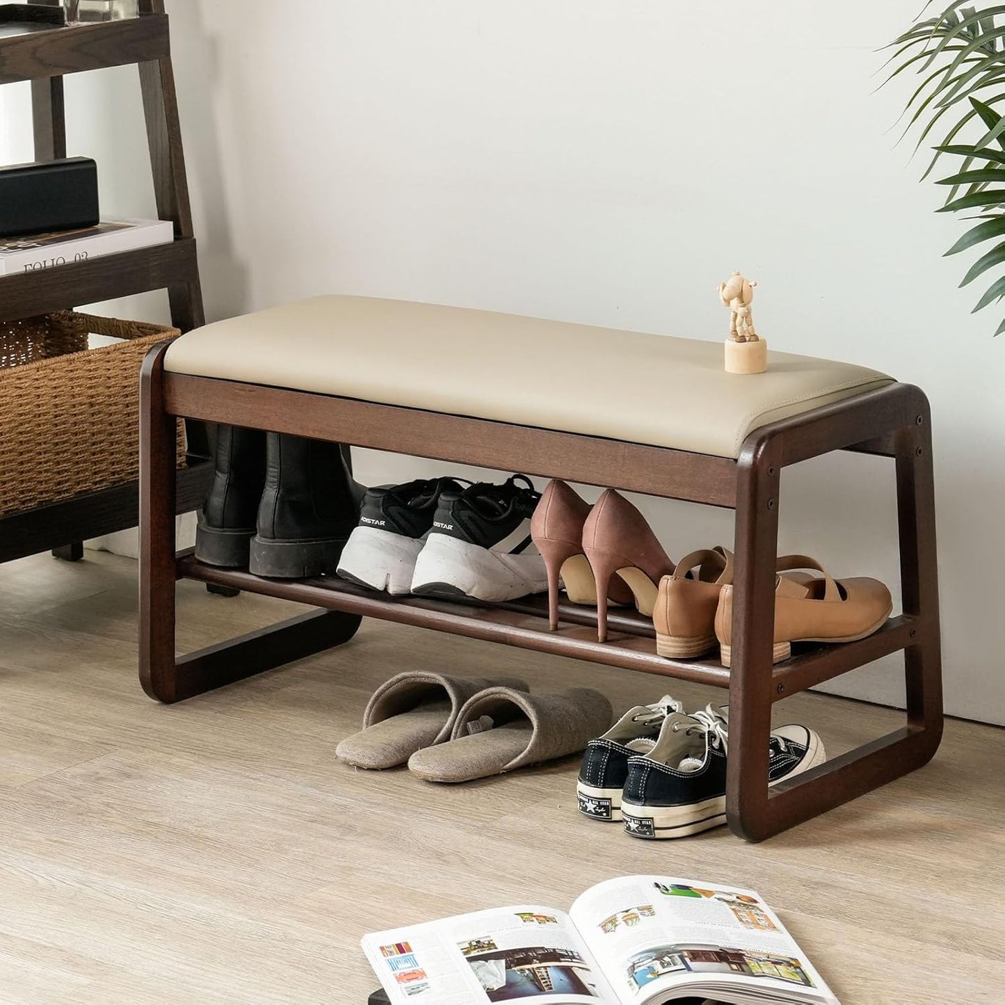 Shoe Bench, Entryway Bench with Leather Cushion, Solid Wood Shoe Rack, Mid Century Modern Bench, Shoe Storage, Shoe Organizer for Entryway (Grey, 31.5" W)