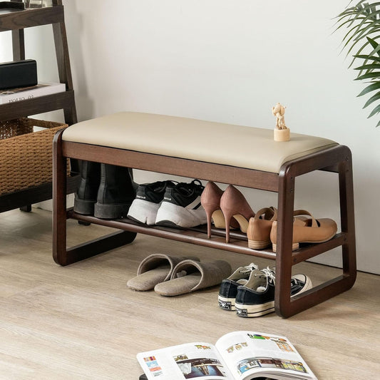 Shoe Bench, Entryway Bench with Leather Cushion, Solid Wood Shoe Rack, Mid Century Modern Bench, Shoe Storage, Shoe Organizer for Entryway (Grey, 31.5" W)