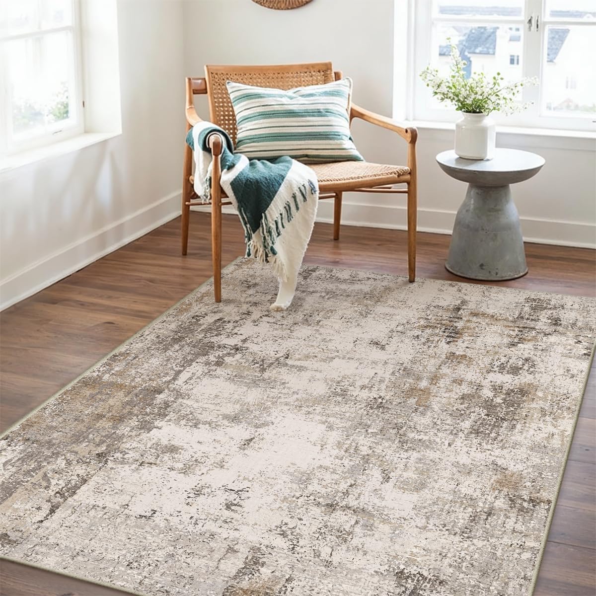 4x5 Washable Area Rug Brown Grey Neutral Abstract Entryway Kitchen Non Slip Low Pile Throw Rug Living Room Bedroom Indoor Doormat Soft Carpet for Entrance Bathroom Office