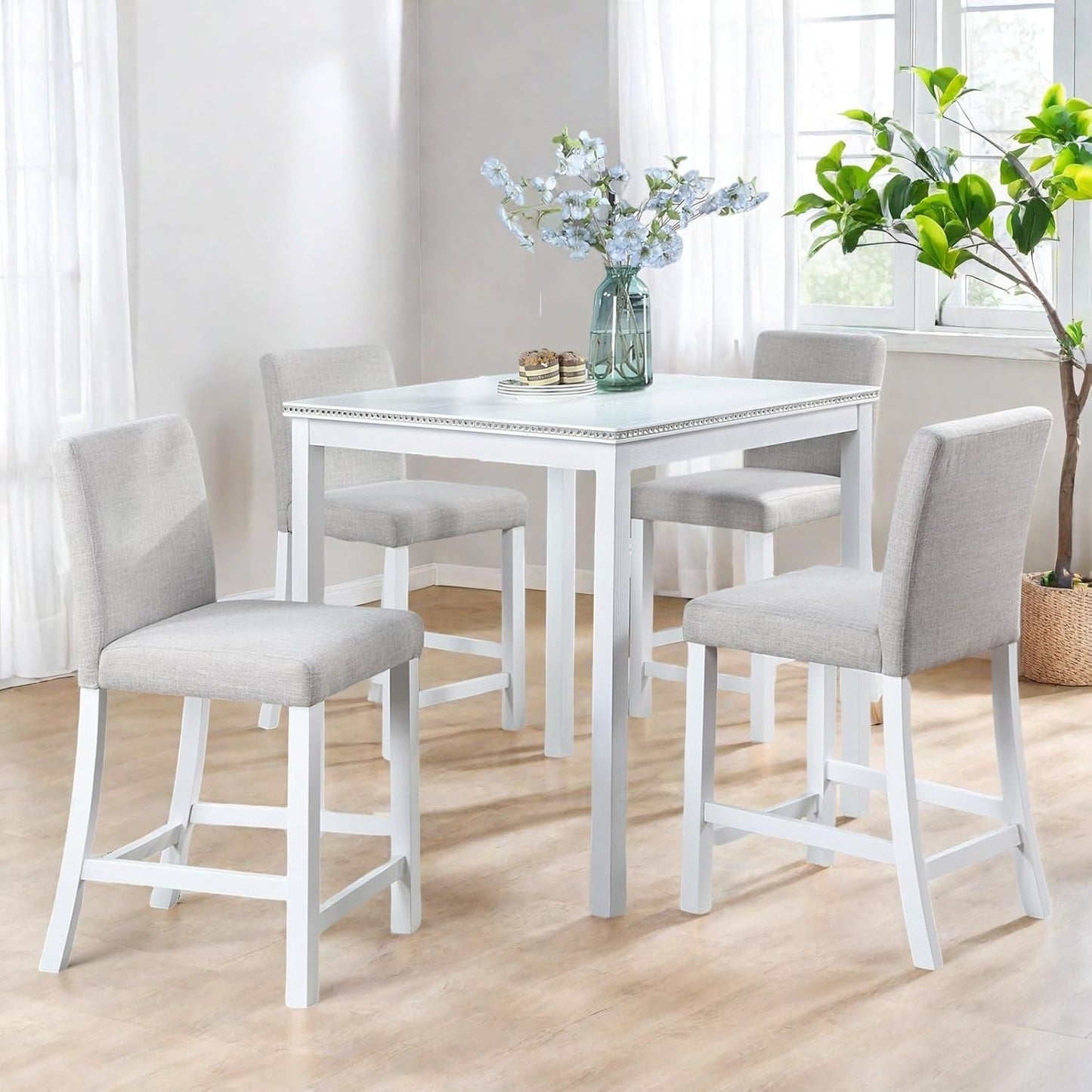 Dining Table Set for 4, 5-Piece Dining Room Table Set with Square Crystal Decoration Table & 4 Upholstered Backrest Chairs, Counter Height Kitchen Sets with Wood Grain & Footrest, White