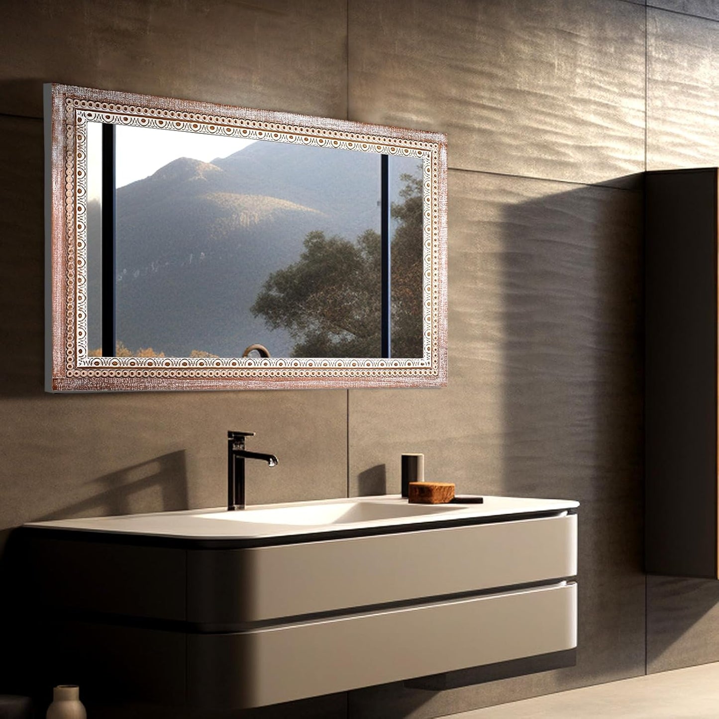 36x24 Inch Wooden Rectangle Bathroom Mirror with Beaded Frame, Rustic Farmhouse Decorative Wall Mirrors for Over Sink, Living Room, Entryway (Horizontal/Vertical Mounting)