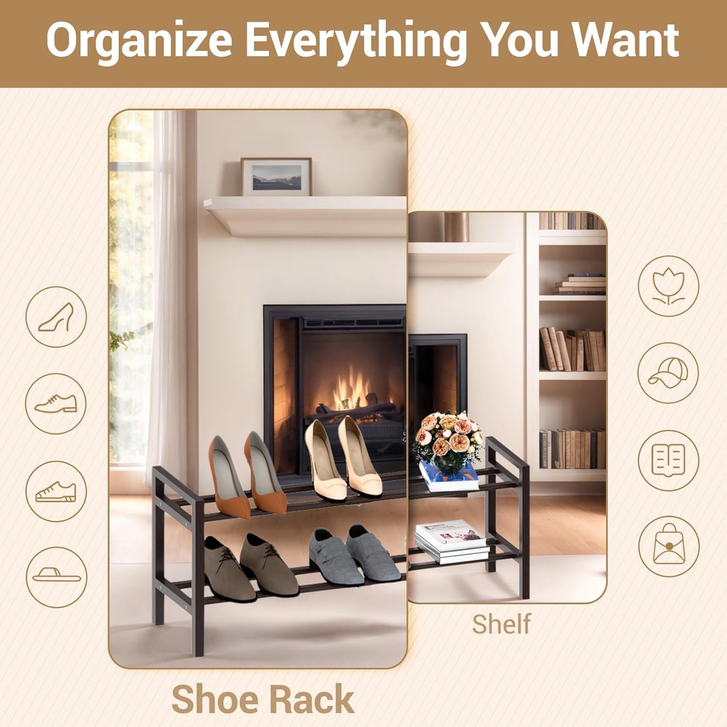 Haddockway Bamboo Shoe Rack for Closet, Free Standing Shoe Organizer with Smooth Round Rods & Convenient Handles, Stackable Shoe Storage Shelf for Entryway, Hallway(Brown, 2-Tier)