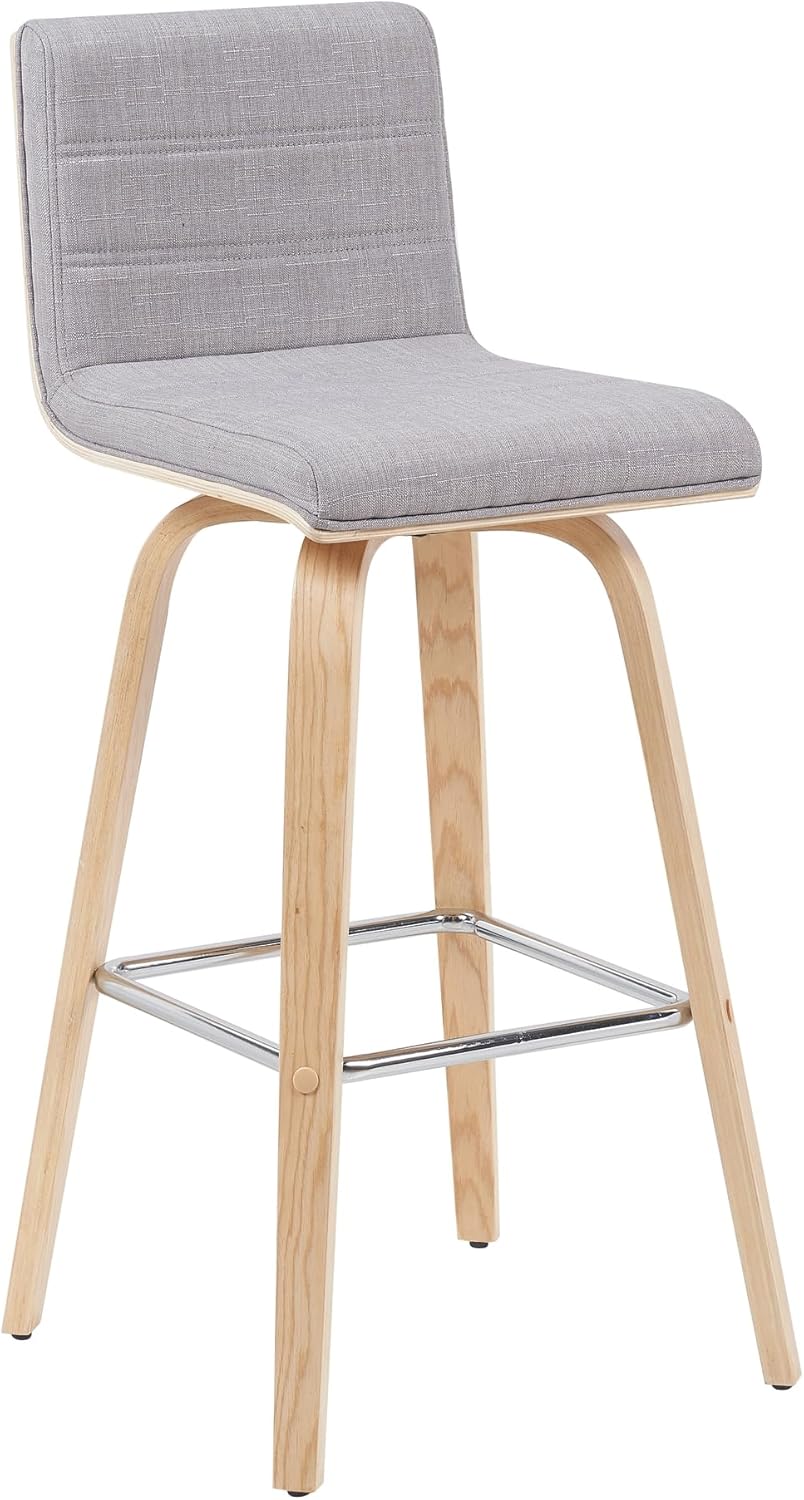 Armen Living Vienna Modern Swivel 30" Bar Height Barstool with Gray Fabric Upholstered Seat and Patterned Oak Wood Finish