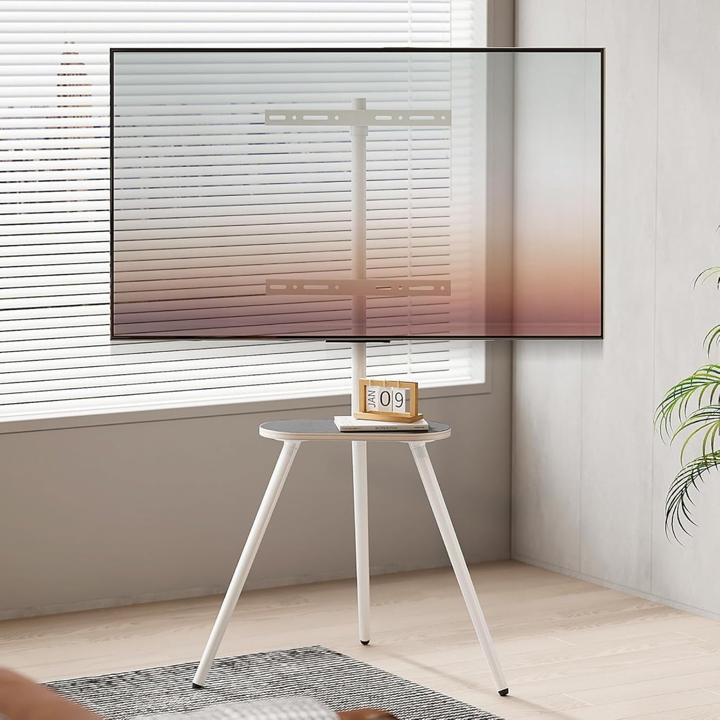 Tripod Easel TV Stand for 43 to 65 Inch LCD Led Screen, Height Adjustable and Swievel TV Stand, Portable TV Floor Stand with Wooden Tray for Bedroom, Living Room, Studio, Metal White.