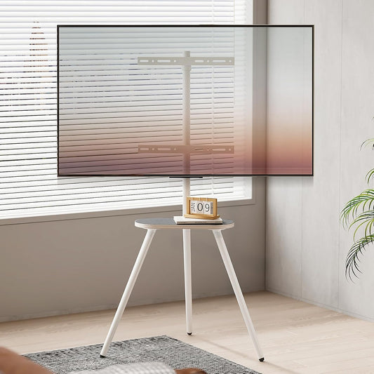 Tripod Easel TV Stand for 43 to 65 Inch LCD Led Screen, Height Adjustable and Swievel TV Stand, Portable TV Floor Stand with Wooden Tray for Bedroom, Living Room, Studio, Metal White.