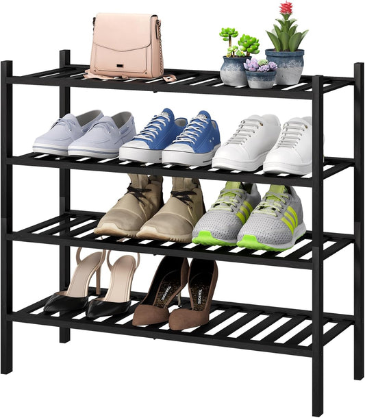 4-Tier Black Bamboo Shoe Rack for Entryway, Stackable | Foldable | Natural, Shoe Organizer for Hallway Closet, Free Standing Shoe Racks for Indoor Outdoor