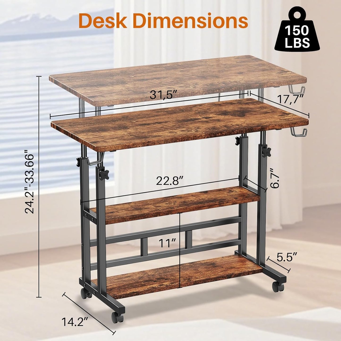 Adjustable Height Standing Desk, Rolling Stand Up Desk with Storage Shelves, 31.5" Small Mobile Computer Desk, Portable Laptop Table (Simple Brown)