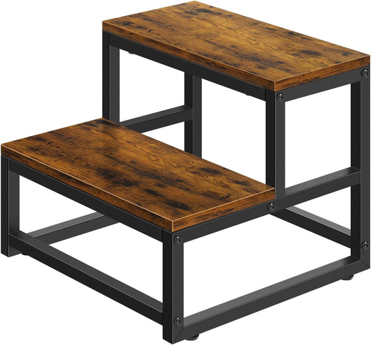 Wood and Metal 2 Step Stool for Adults & Kids – Heavy Duty Rustic Step Stools, 500 Lbs Capacity Non-Slip Stepping Stool for High Beds, Kitchen, Bathroom, Closet, Durable Foot Stool for Home Use