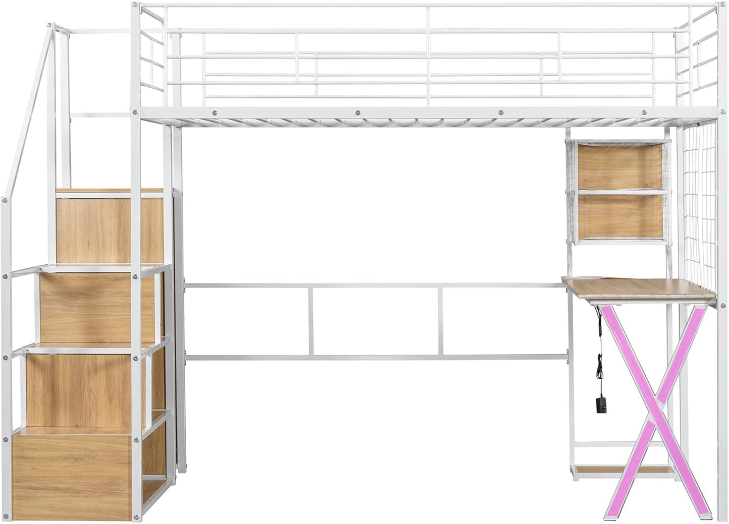 Merax Twin Size Metal Loft Bed with Built-in Work Station, Wardrobe, Storage Staircase and LED, Gaming Bed for for Kids Teens Adults, Full-Length Guardrails, No Box Spring Needed, White