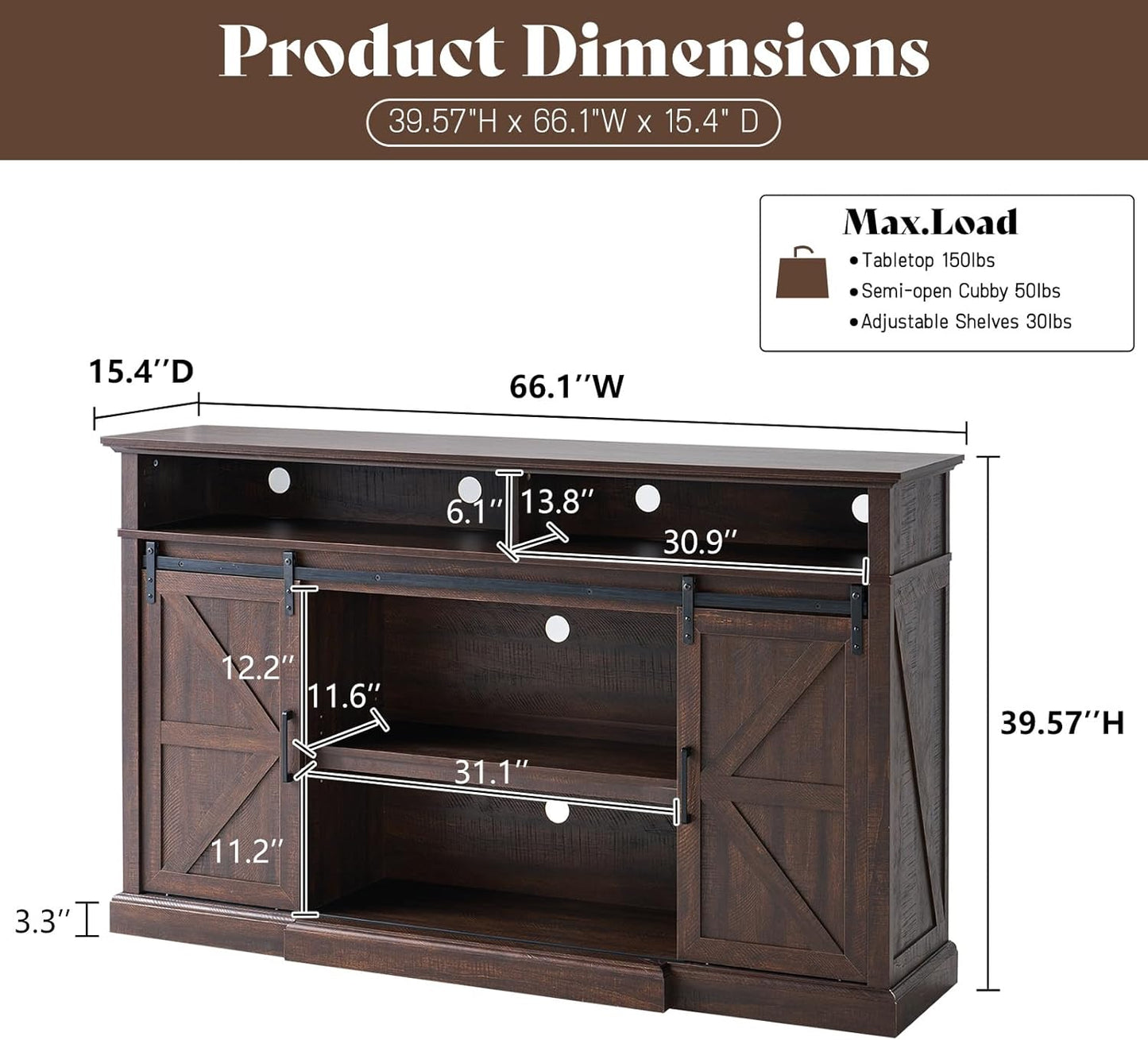 66" Farmhouse TV Stand for 75 Inch TVs, 40" Tall Entertainment Center with Sliding Barn Doors, Rustic Media Console Table Storage Cabinet with Adjustable Shelves, Living Room, Sawdust Brown