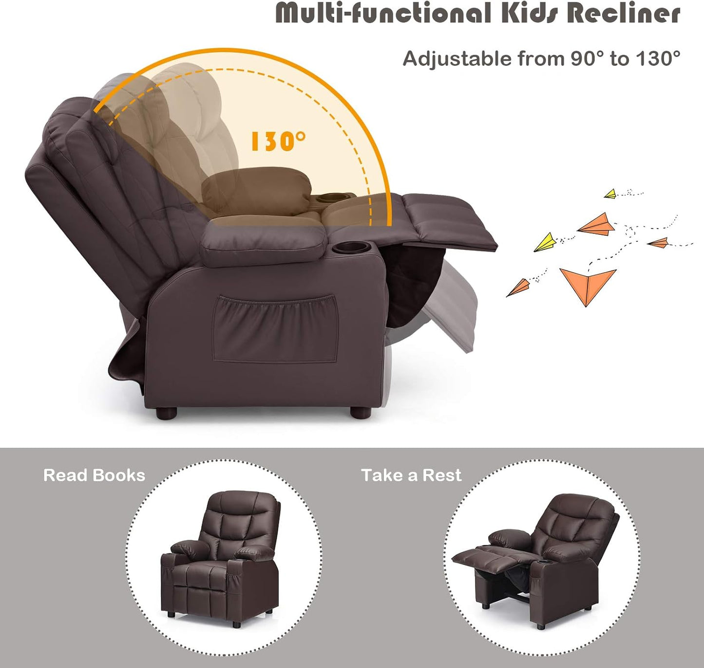 Costzon Kids Recliner Chair with Cup Holder, Adjustable Leather Lounge Chair w/Footrest & Side Pockets for Children Boys Girls Room, Ergonomic Toddler Furniture Sofa, Kids Recliner (Brown)
