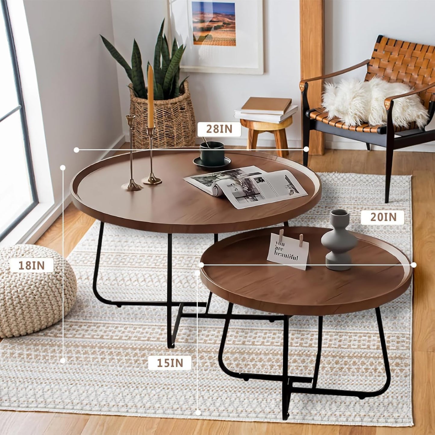 Round Nesting Coffee Table Set of 2, 28" Round Walnut with Fluted,Mid Century Modern,Center for Living Room Bedroom Office Balcony Yard