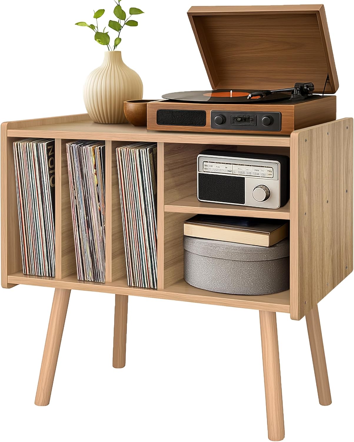 Record Player Stand with Vinyl Storage, Wooden Record Player Table with 5 Cabinet, Large Vinyl Record Player Stand, Record Player Holder, Record Player Shelf for Office Living Room, Oak