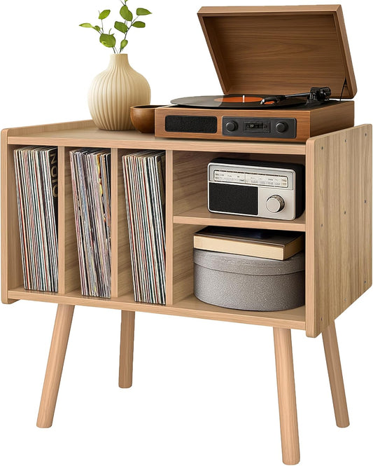 Record Player Stand with Vinyl Storage, Wooden Record Player Table with 5 Cabinet, Large Vinyl Record Player Stand, Record Player Holder, Record Player Shelf for Office Living Room, Oak