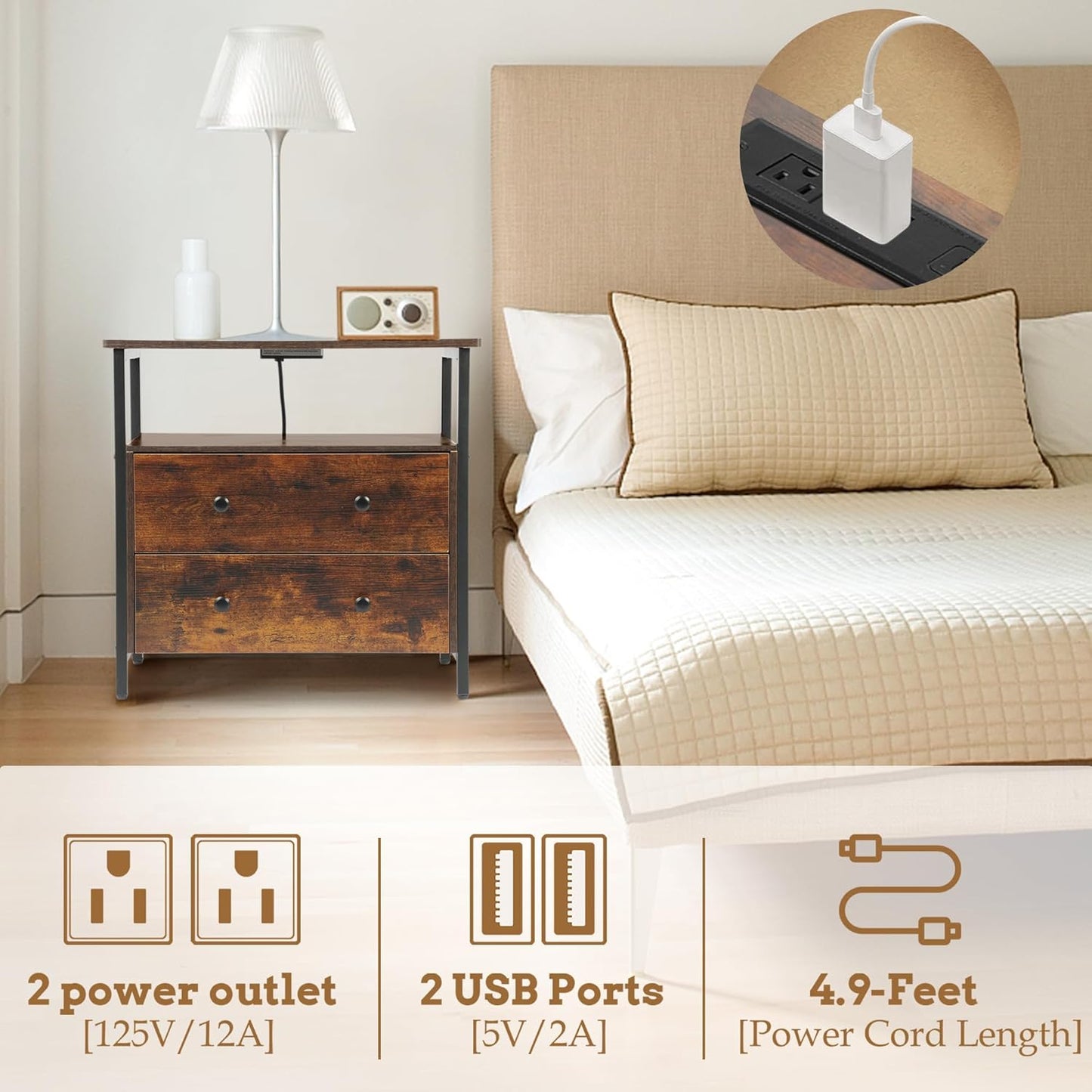 27 inch Wide Nightstand with Charging Station, Bedside Table with Open Shelf, 2 Drawers Small Wood Dresser, End Side Table for Bedroom (Rustic Brown)