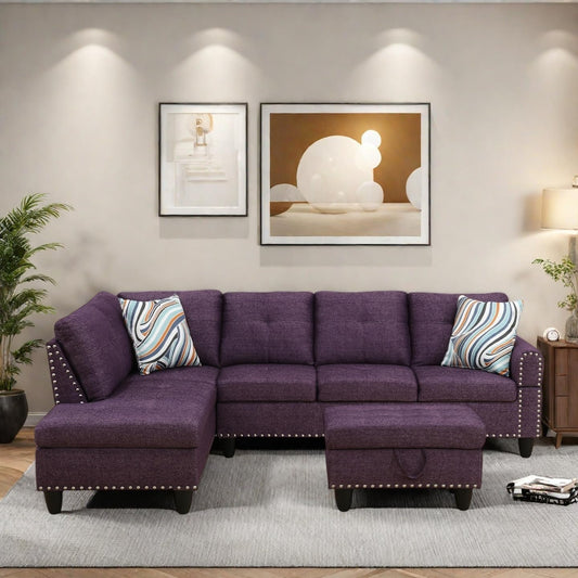 Modern Living Room Furniture Sets with Cup Holder, Modular Sectional Couches with Chaise Lounge, 4-Seaters L Shape Sofa with Storage Ottoman, for Living Room, Apartment, Purple