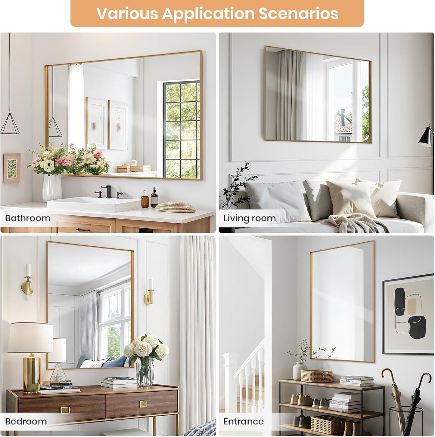 Melodieux Wall Vanity Bathroom Mirror for Over Sink, 30"x48" Rounded Rectangle Metal Deep Frame Wall Mounted Mirror Wall Decor for Living Room Hallway, Gold