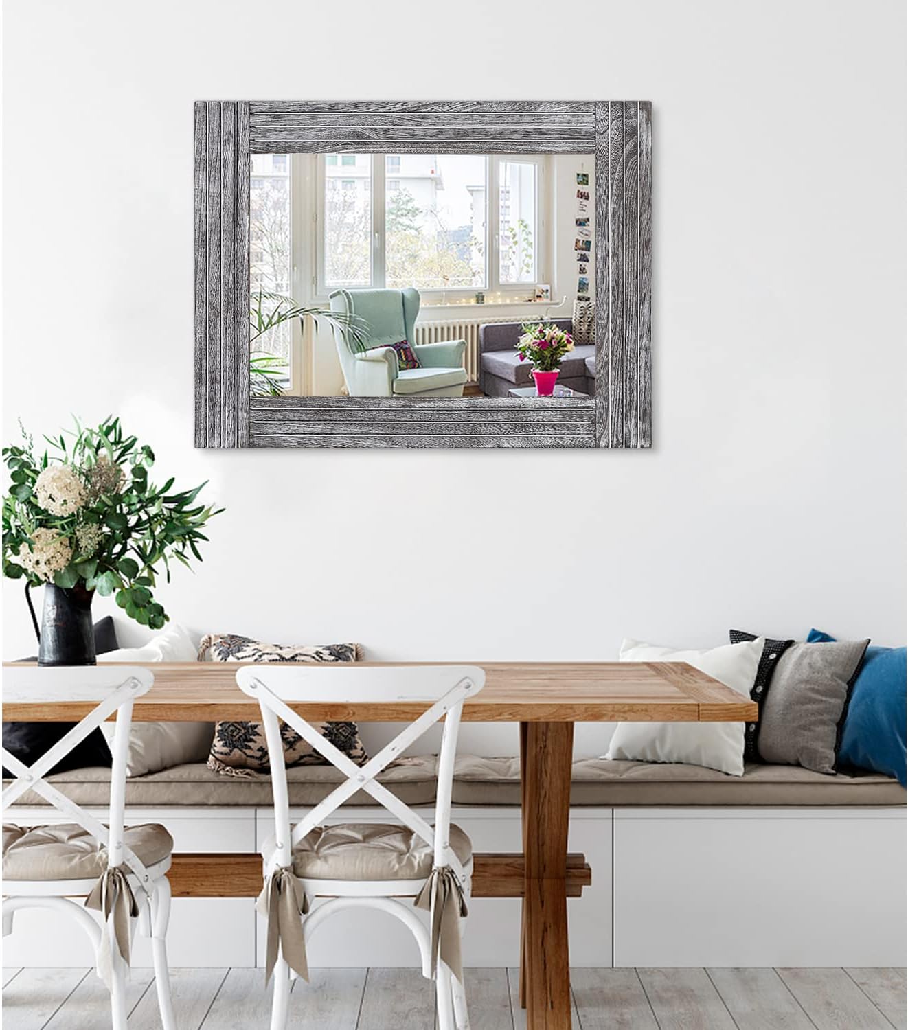 Large Wall Mirror Farmhouse Vintage Rustic Wood Framed Rectangular Mirror Decorative Dressing Table Entrance Bedroom Bathroom Mirror 26"x18"
