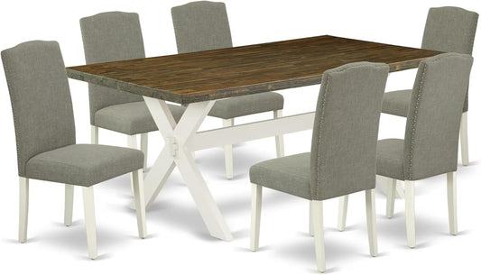 East West Furniture X077EN206-7 7 Piece Modern Dining Table Set Consist of a Rectangle Wooden Table with X-Legs and 6 Dark Shitake Linen Fabric Upholstered Chairs, 40x72 Inch, Multi-Color