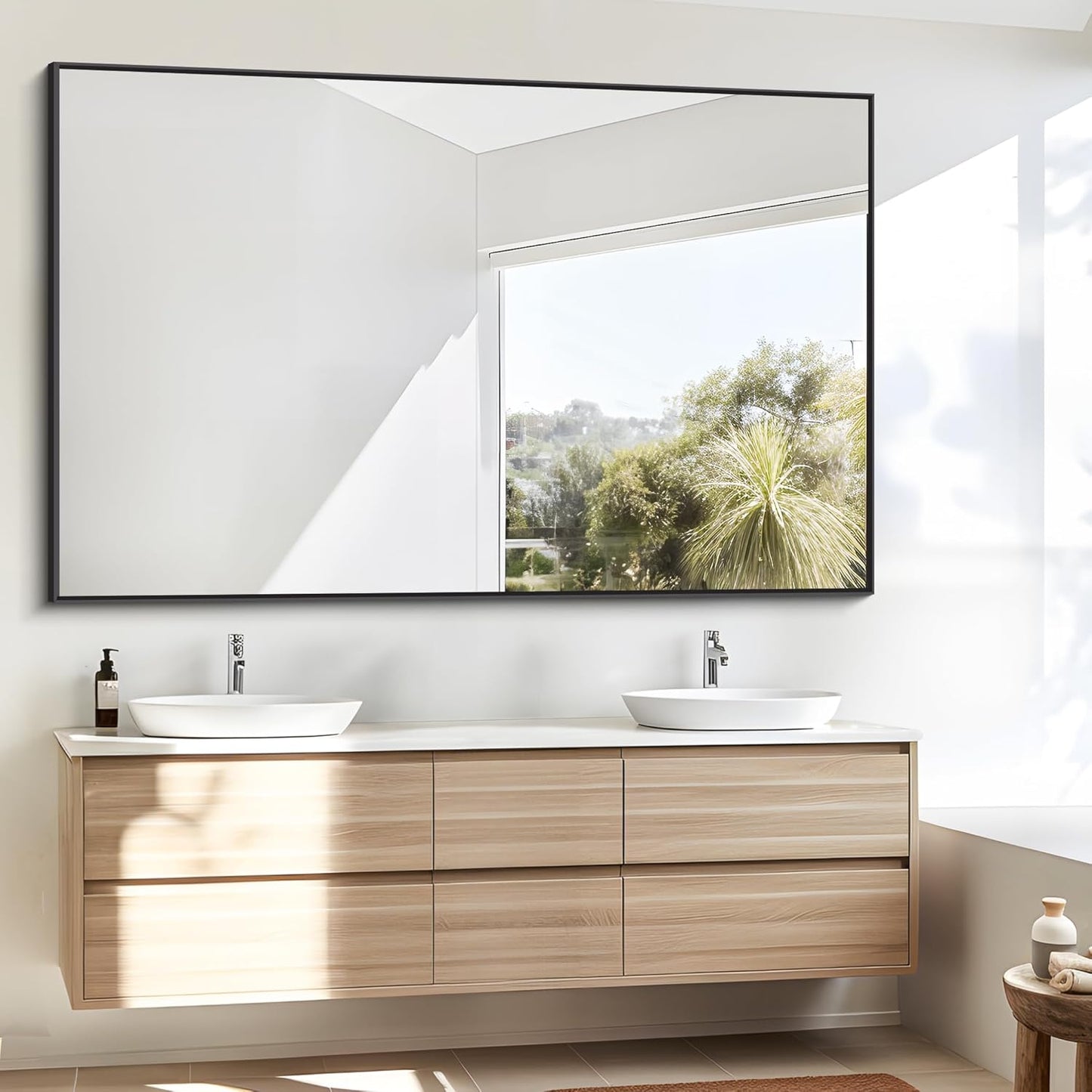 BONEWEI Bathroom Mirror,55x36 inch Large Wall Mirror for Bathroom Wall Mounted Black Rectangle Corner Mirrors,Black Bathroom Mirror for Living Room,Farmhouse,Bedroom Entryway,Horizontal/Vertical