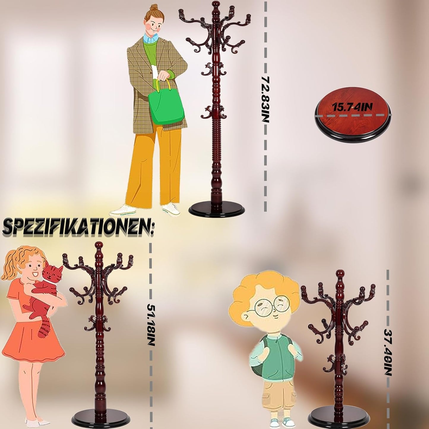 73 in Wood Coat Rack, Coat Rack Freestanding with Stable Round Base, Adjustable Height Tree Coat Racks Stand for Home Bedroom Office Hallway Entryway (Redwood)