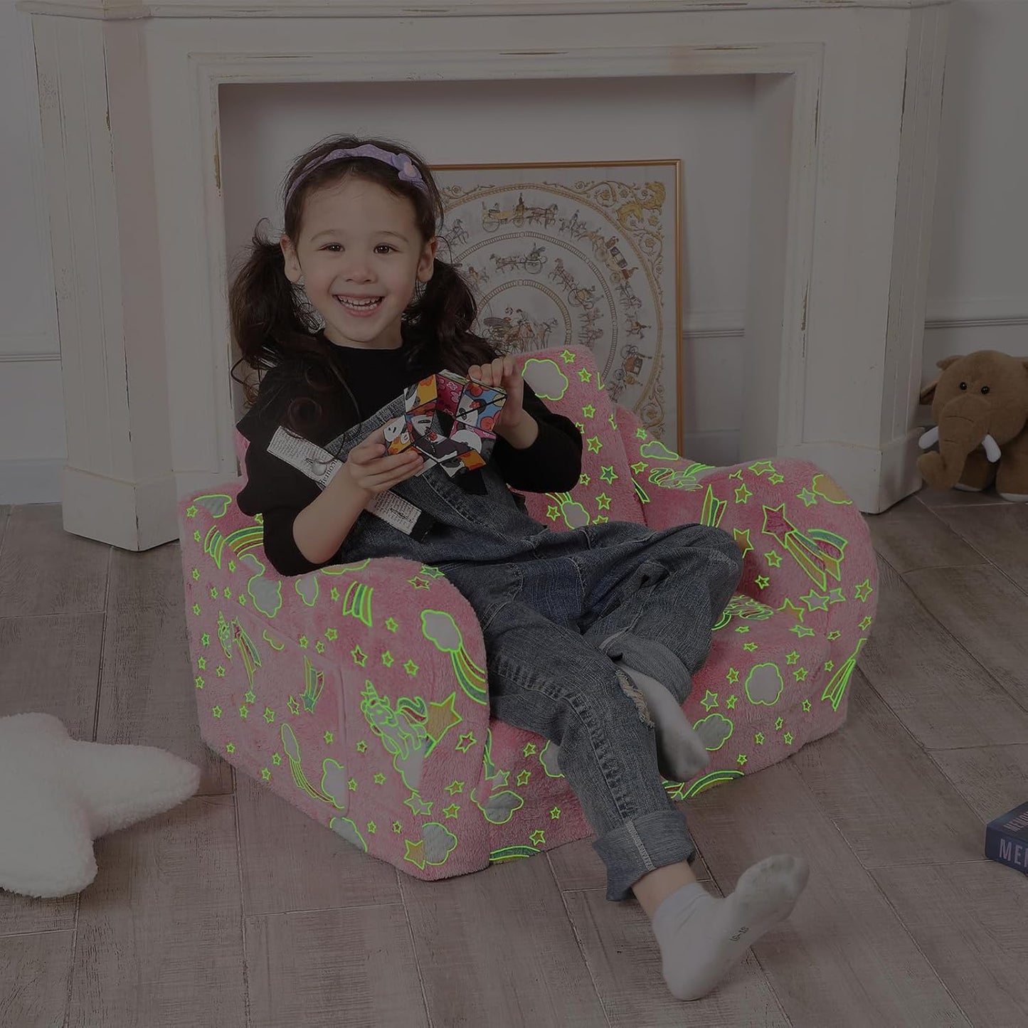 Unicorn Glow in The Dark Toddler Couch, 2-in-1 Toddler Soft Couch Fold Out with Star Pillow, Convertible Sofa to Lounger for Girls and Boys, 1-Seat