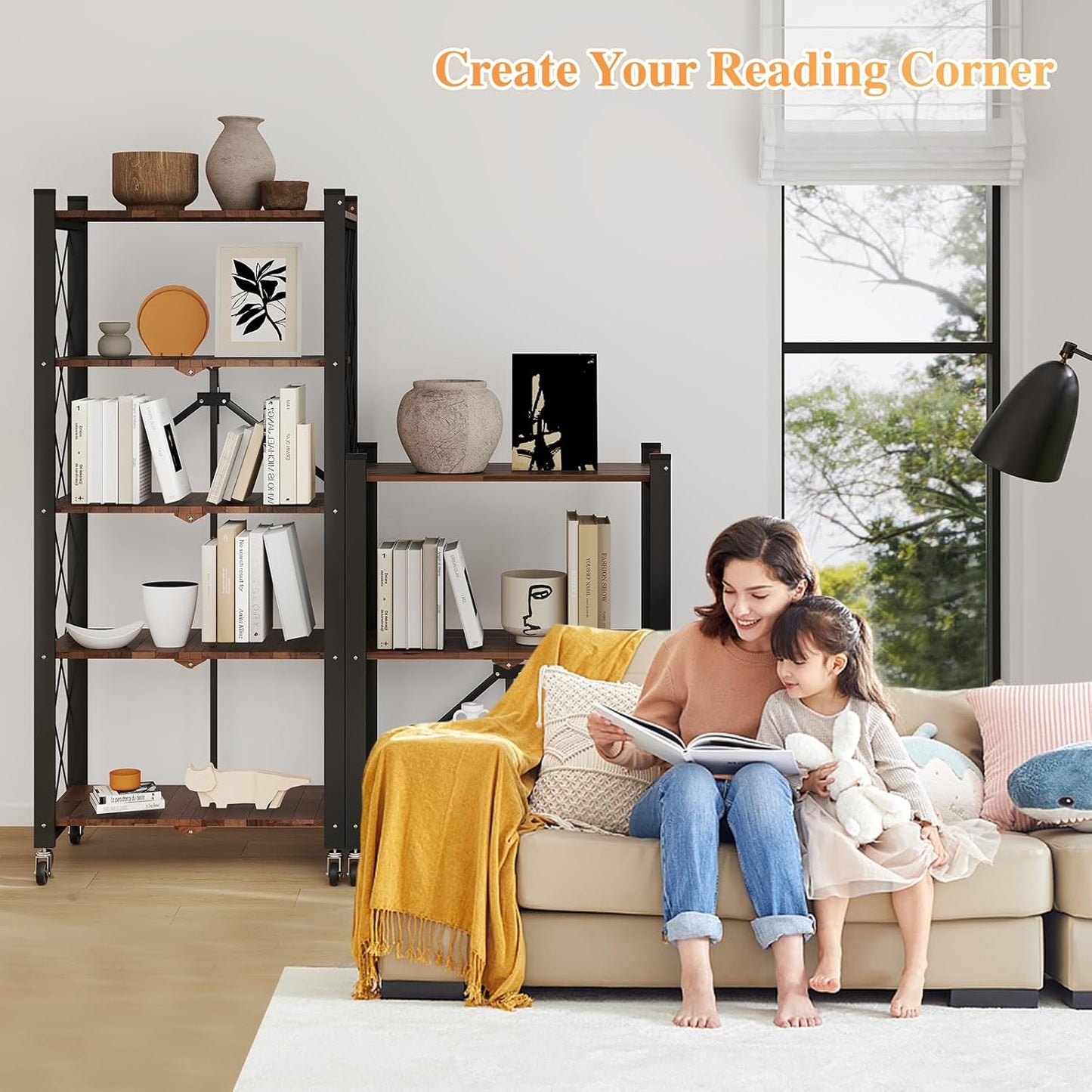 BAOYOUNI 5-Tier Vintage Industrial Bookshelf - No Assembly Folding Storage Shelf with Woodgrain Finish | Collapsible Metal Bookcase for Living Room, Office & Bedroom