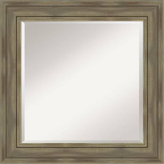 Amanti Art Grey Wall Mirror 26x26 Alexandria Greywash Square Bathroom Mirror for Wall Decor Living Room, Medium Country Rustic Wood Frame, Hangs Horizonally and Vertically, Bathroom Decor, Beveled