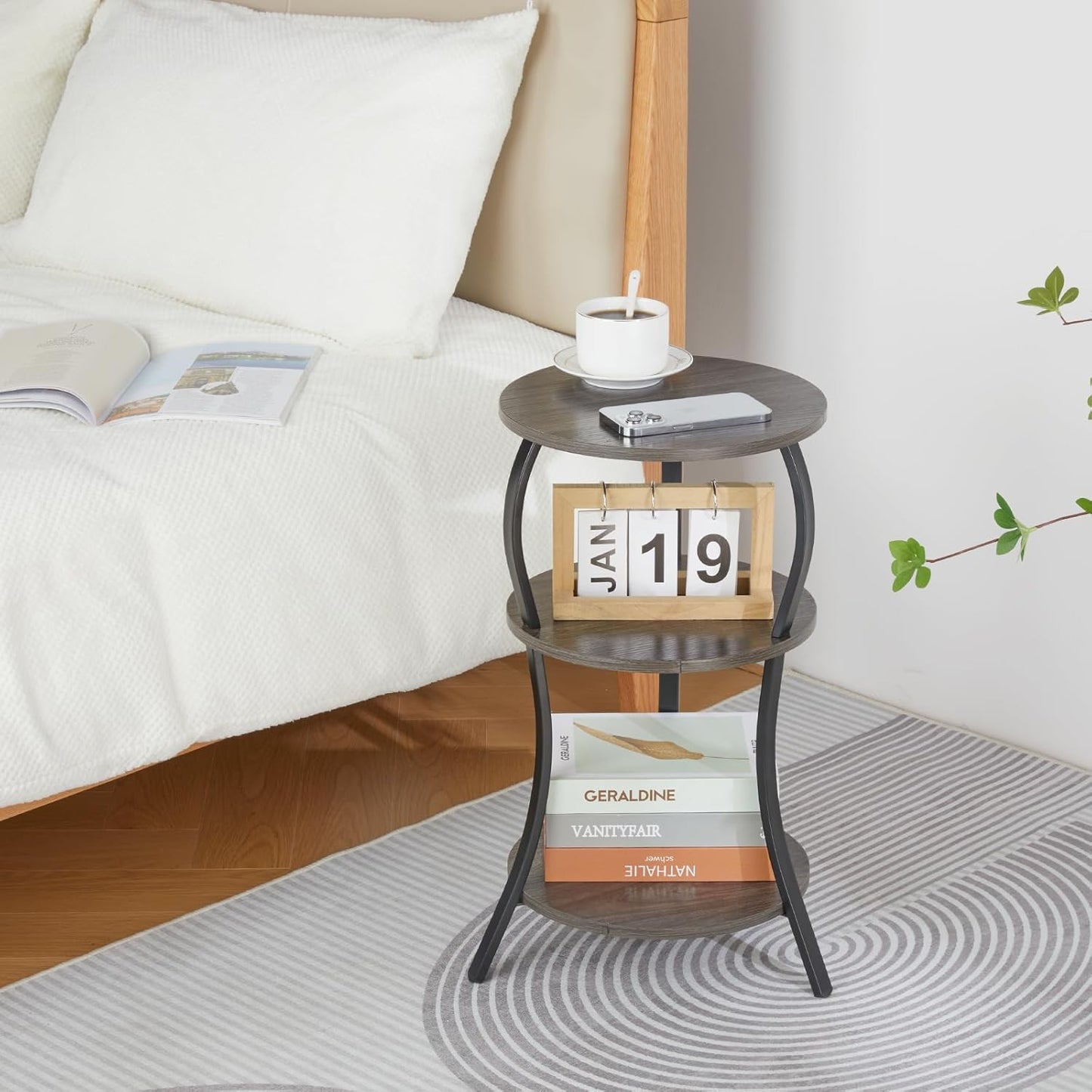 Vintage Small Round Side Table, 3-Tier Slim Waist Circular End Table with Storage Shelf, Compact Tea Sofa Side Table, Round Corner Coffee Table Nightstand for Living Room Bedroom Small Spaces,Grey