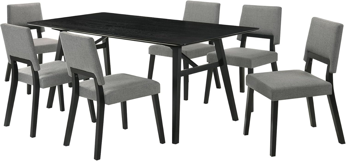 Armen Living Channell Mid Century Modern 7 Piece Black Wood Dining Table Set with Charcoal Fabric