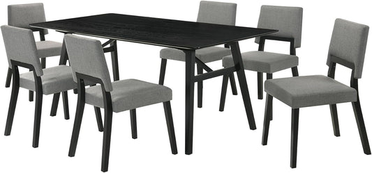 Armen Living Channell Mid Century Modern 7 Piece Black Wood Dining Table Set with Charcoal Fabric