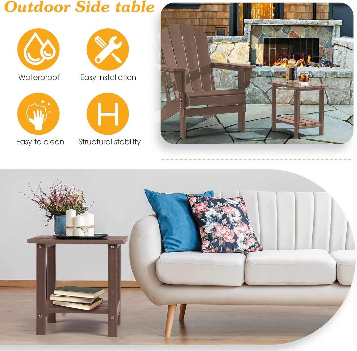 Adirondack Outdoor Side Table, 2-Tier Sturdy Patio End Table Weather Resistant, 16.5" Solid Side Table for Patio, Pool, Porch