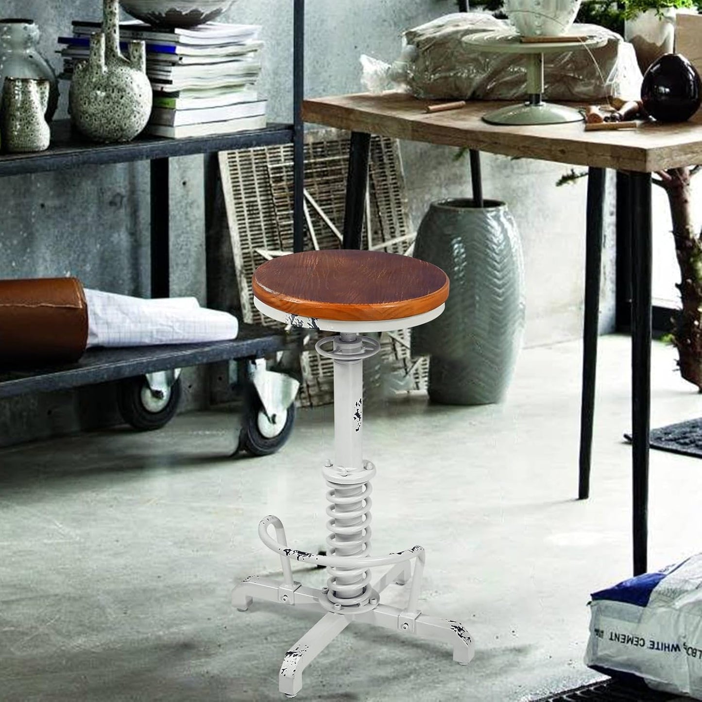 American Antique Steampunk Bar Stool 24.41"-28.35" Vintage Industrial Adjustable Swivel Backless Counter Stool for Home, Dining, Breakfast, Pub, (Heavy Duty Metal & Wood, Aged White, Brown Top)