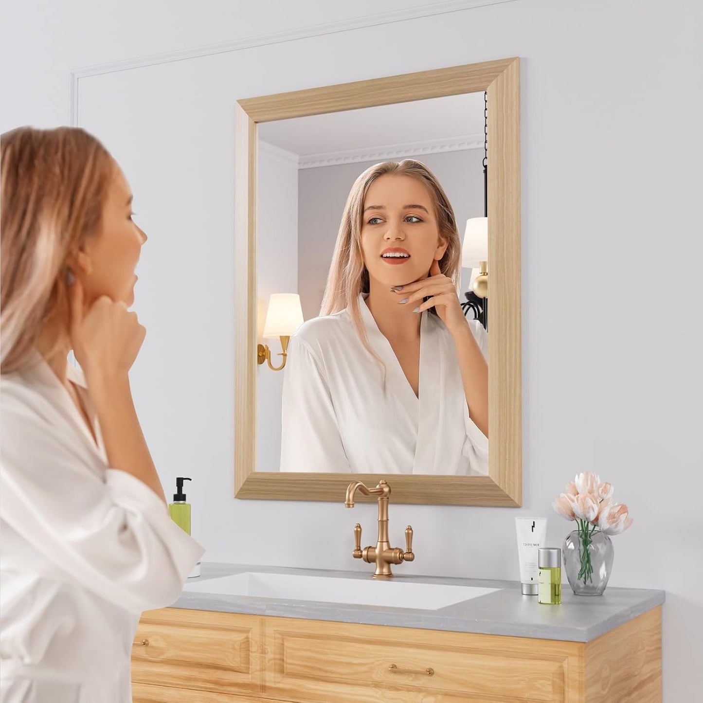 Amorho 24x32 Inch Bathroom Mirror for Wall, Oak Wood Grain Metal Framed Mirror, Anti-Rust, Hang Horizontally/Vertically, Suitable for Bedroom, Farmhouse, Bathroom, Decorative