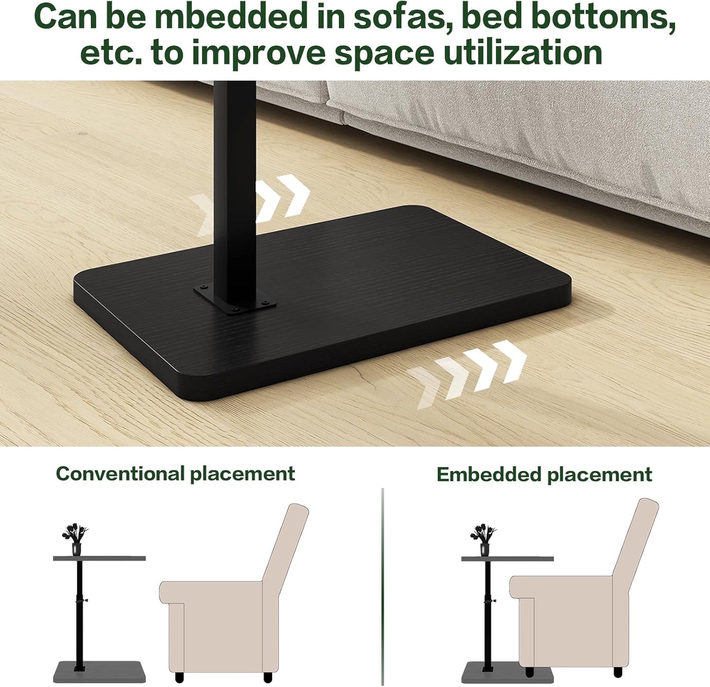 IBUYKE Tray Table for Couch, 360° Swivel Height Adjustable End Table for Small Spaces, with Phone & Tablet Slot, Modern Small Coffee Snack Table for Sofa/Bed, Black UTVT003B