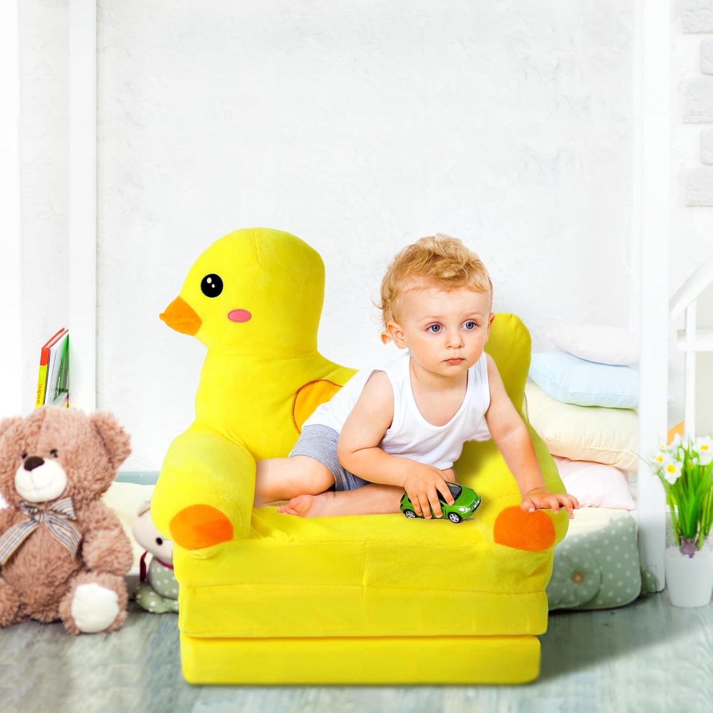 Duck Kids Couch Fold Out 2-in-1 Toddler Sofa Fold Out with Blanket, Soft Toddler Chair Comfy for Boys Girls Baby, Convertible Sofa to Lounger for Napping Reading Playing Christmas, Yellow
