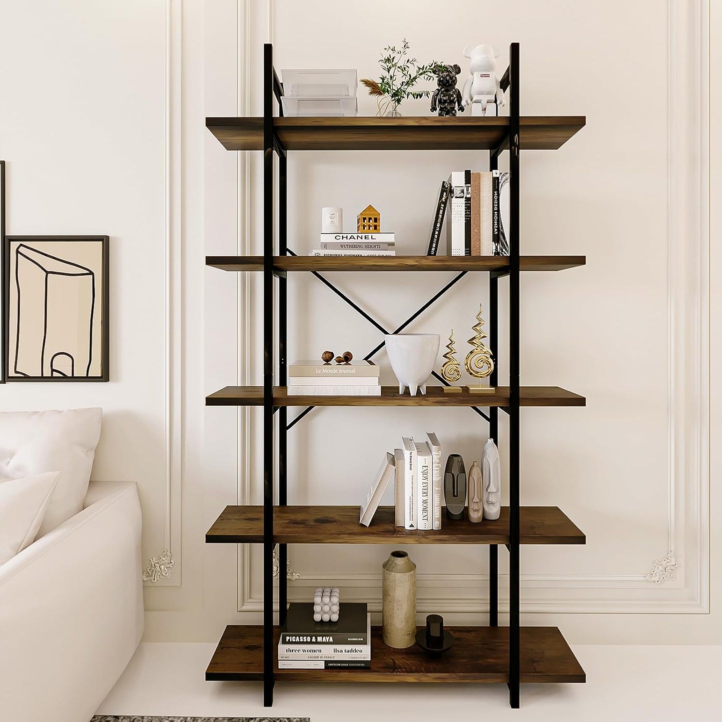 5 Tiers Bookshelf Organizer Industrial Shelf,Modern Open Display Storage Bookcase,Rustic Brown and Metal Bookshelf Standing Storage Shelf Tall Shelving Units for Home Office Study.