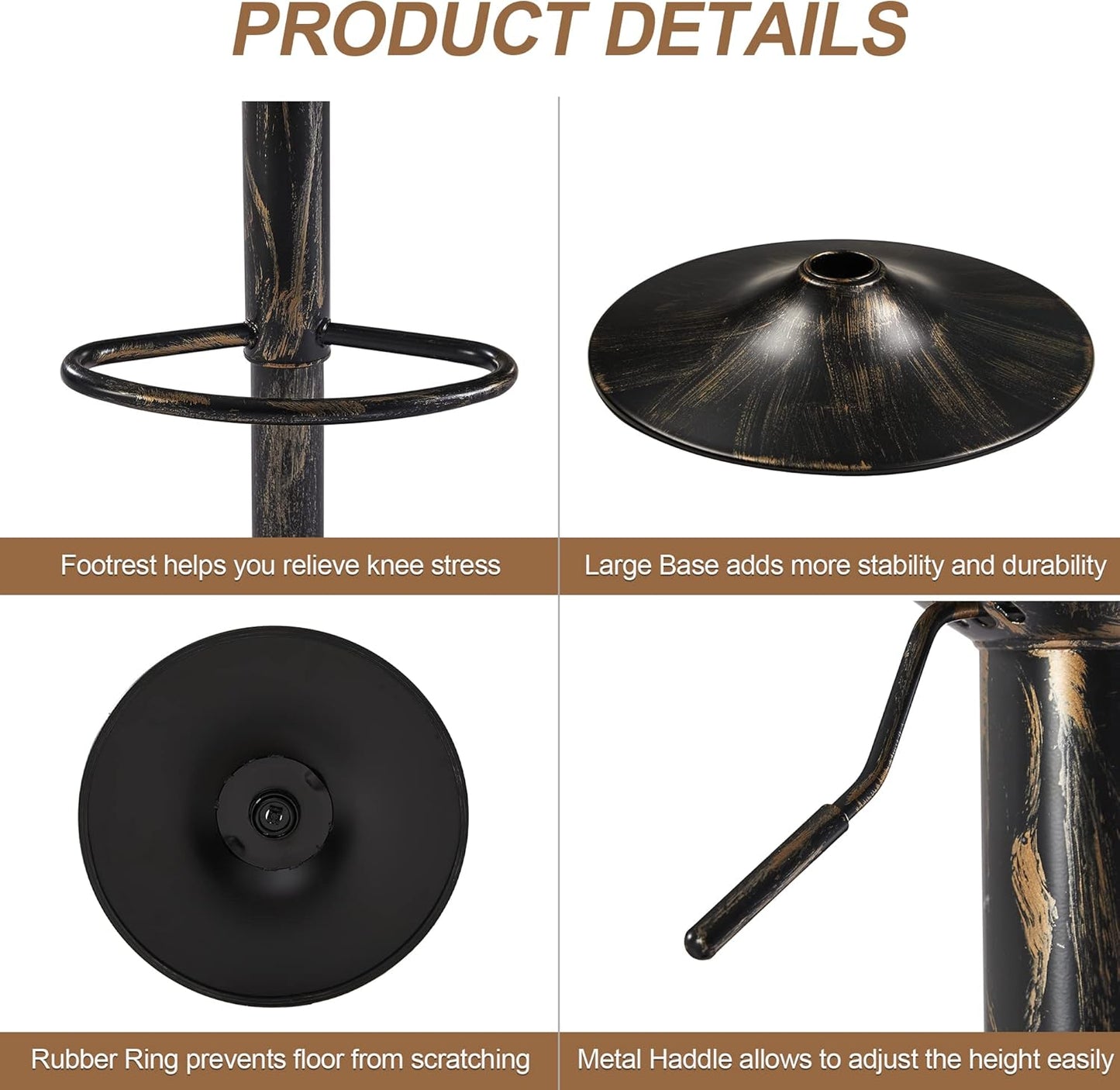 VECELO Bar Stools Set of 2, Adjustable Counter Height Barstools with Back and Arm, Swivel Bar Chair Stools for Kitchen Counter Island Cafe Dining Room, Industrial Style, Brown